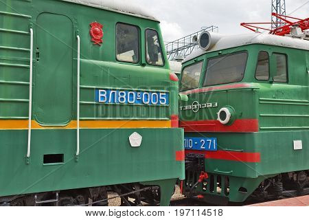Novosibirsk Museum of railway equipment in Novosibirsk Siberia Russia - July 7 2017: two-section mainline Freight electric locomotive VL80 ( Vladimir Lenin ). Built by the Novocherkassk electric locomotive plant in 1980