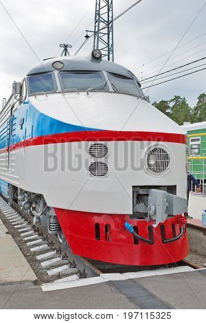 Novosibirsk Museum of railway equipment in Novosibirsk Siberia Russia - July 7 2017: ER 200 - 2 second edition - Soviet high-speed train DC. Produced by Riga carriage works