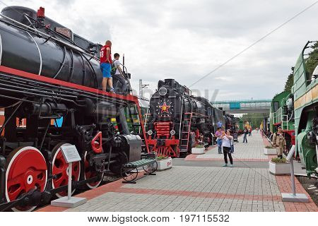Novosibirsk Museum of railway equipment in Novosibirsk Siberia Russia - July 7 2017: the Soviet mainline freight steam locomotive L series . Built by the Voroshilovgrad factory name the October revolution in 1954