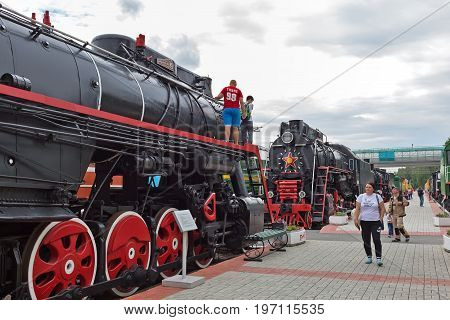 Novosibirsk Museum of railway equipment in Novosibirsk Siberia Russia - July 7 2017: the Soviet mainline freight steam locomotive L series . Built by the Voroshilovgrad factory name the October revolution in 1954