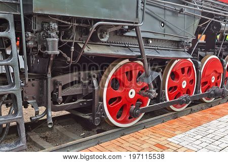 Novosibirsk Museum of railway equipment in Novosibirsk Siberia Russia - July 7 2017: the Rocker mechanism of the Soviet mainline freight locomotive L