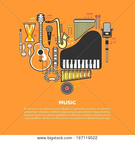 Music article on orange banner with musical instruments formed in heart vector illustrations. Authentic percussion, melodic keyboards, wind instruments, acoustic guitar, modern and retro microphones.