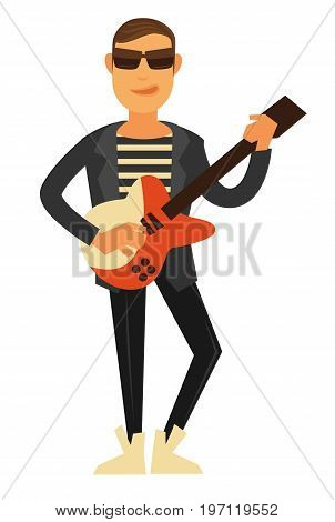 Rock singer in sunglasses, striped T-shirt, stylish white sneakers leather jacket and skinny pants with electric guitar isolated cartoon vector illustration. Modern performer of instrumental music.