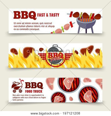 BBQ and steak horizontal banners template. Set of bbq cards. Vector illustration