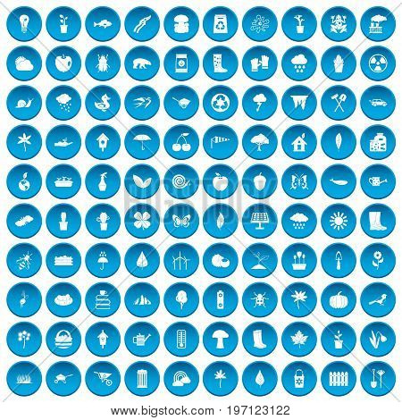 100 garden stuff icons set in blue circle isolated on white vectr illustration