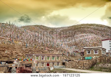 Buddhist prayer flags in the tibetan highlands of China
