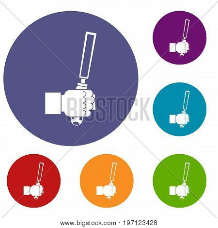 Chisel tool in man hend icons set in flat circle red, blue and green color for web