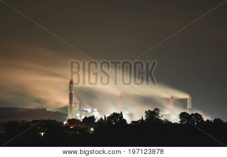 the coal power plant near Grevenbroich at night in long-time exposure