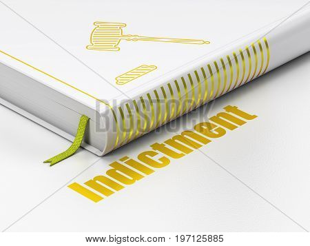 Law concept: closed book with Gold Gavel icon and text Indictment on floor, white background, 3D rendering