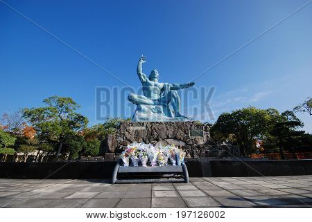 the peace statue in Nagasaki peace park in Nagasaki Japan in November 2014