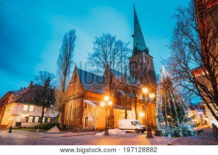 Riga, Latvia. Cathedral Basilica Of St. James, Pyramidal Monument To Barricades And Perished People On January 20, 1991 And Holiday Xmas Christmas Tree At Evening Or Night Illuminations. UNESCO