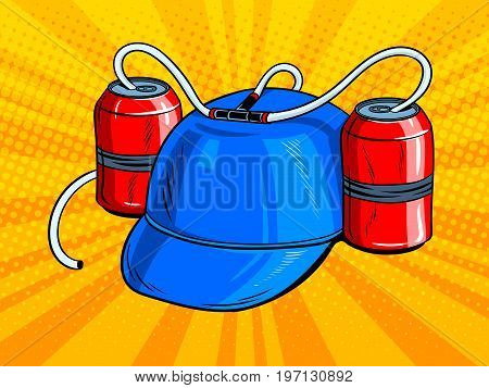 Cap with beer cans pop art retro vector illustration. Comic book style imitation.