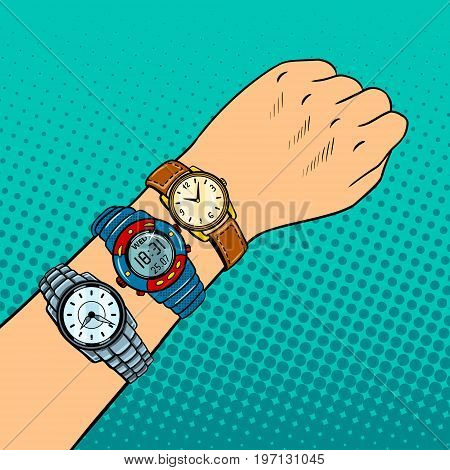 Wristwatch on hand pop art retro vector illustration. Comic book style imitation. Timezone metaphor.