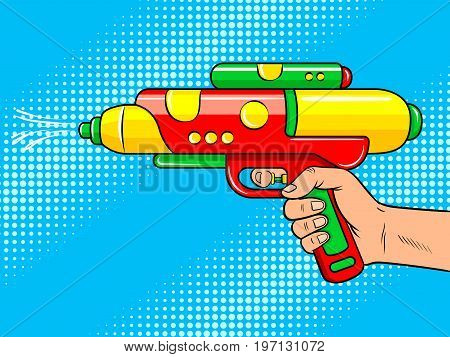 Water gun toy on hand pop art retro vector illustration. Comic book style imitation.