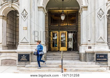 Quebec City, Canada - May 29, 2017: Old Town Street With Entrance To Ministry Of Finances Government