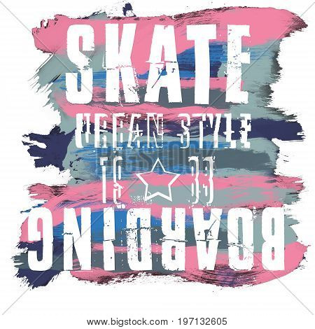 Skateboarding city art. Street graphic style SK8. Fashion stylish print. Colorful hand drawn phrase