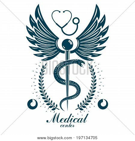 Aesculapius vector abstract business logo for use in medical treatment. Cardiovascular system diseases prevention conceptual emblem.