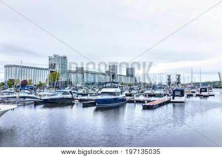 Quebec City, Canada - May 30, 2017: Old Port Area With Bassin Louise And View Of Boats On Water And