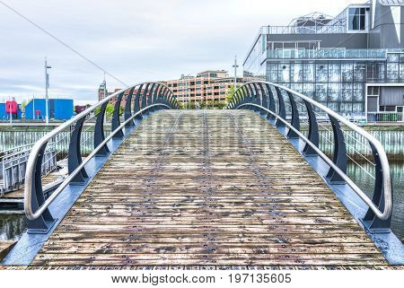 Quebec City, Canada - May 30, 2017: Old Port Area With Wooden Bridge To Espace 400E Building