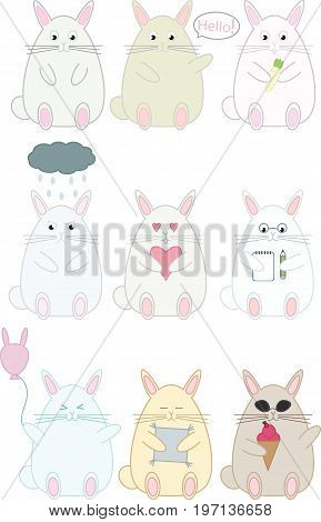 Collection of funny rabbits set. Simple draw, different emotion, cartoon characters.