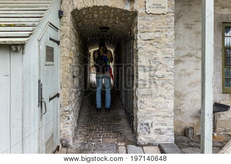 Quebec City, Canada - May 30, 2017: Lower Old Town With Cobblestone Street Narrow Alley Called Passa