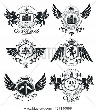 Heraldic signs elements heraldry emblems insignias signs vectors. Classy high quality symbolic illustrations collection vector set.
