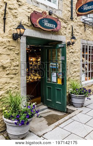 Quebec City, Canada - May 30, 2017: Lower Old Town Street Called Rue Du Petit Champlain With Entranc