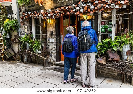 Quebec City, Canada - May 30, 2017: Lower Old Town Street Called Rue Du Petit Champlain With Older C