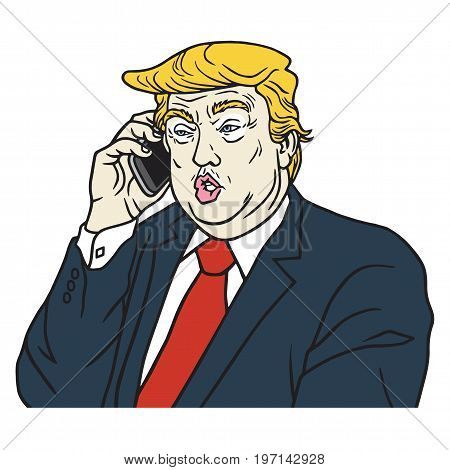 Donald Trump on Phone. Cartoon Caricature Portrait Vector Illustration. July 27, 2017
