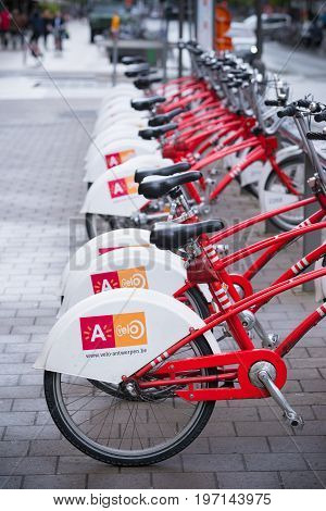 ANTWERP BELGIUM - OCTOBER 2 2016: With 1000 bicycles and 80 stations Velo is among the largest bike sharing systems worldwide.