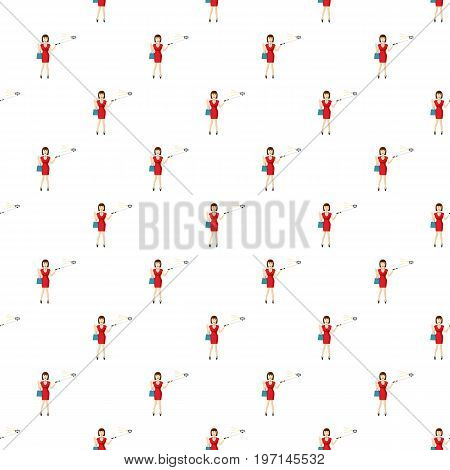 Girl in red dress making selfie with a stick pattern seamless repeat in cartoon style vector illustration