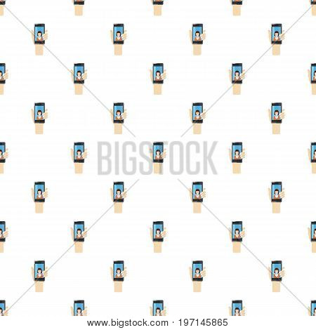Woman taking selfie photo on smartphone pattern seamless repeat in cartoon style vector illustration