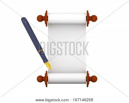 3D illustration of a scroll and a blue fountain pen. Isolated on white.