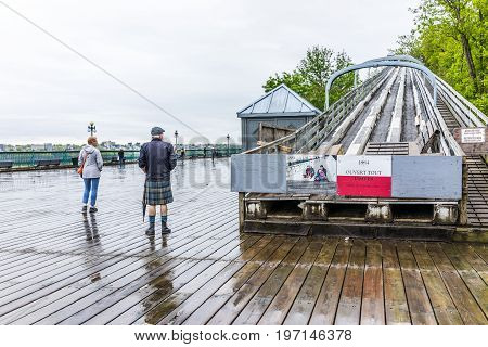Quebec City, Canada - May 30, 2017: Old Town Street And View Of Dufferin Terrace In Heavy Rain With