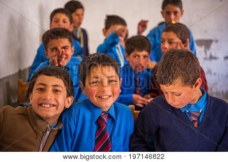 SKARDU, PAKISTAN - APRIL 17: An unidentified Children in a village in the south of Skardu are learning in the classroom of the village school April 17, 2015 in Skardu, Pakistan.