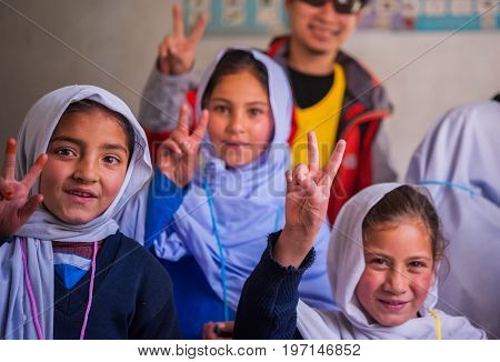 SKARDU, PAKISTAN - APRIL 17: An unidentified Children in a village in the south of Skardu are learning in the classroom of the village school April 17, 2015 in Skardu, Pakistan.
