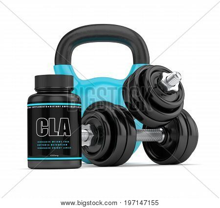 3D Render Of Cla Supplement With Kettlebell And Dumbbells