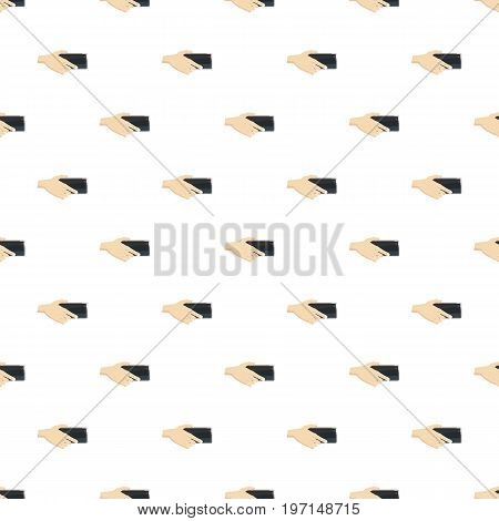 Hand holding smartphone pattern seamless repeat in cartoon style vector illustration