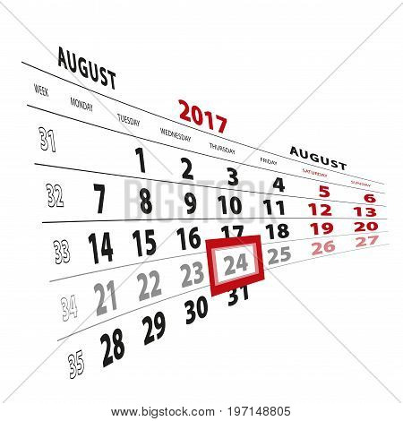 24 August Highlighted On Calendar 2017. Week Starts From Monday.