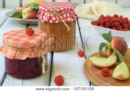 Preservation Of Peaches And Raspberries. Preparation Of Jam Or Jam From Organic Fruits And Berries O