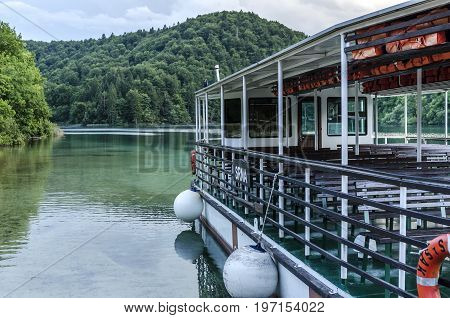 Ferry in the Plitvice Lakes - JUNE 28: Ferry on the Plitvice Lakes close-up. June 28, 2017. Croatia. Plitvice Lakes.