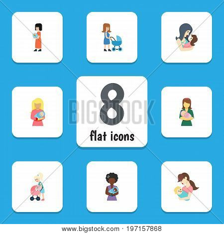 Flat Icon Mother Set Of Woman, Child, Mam And Other Vector Objects