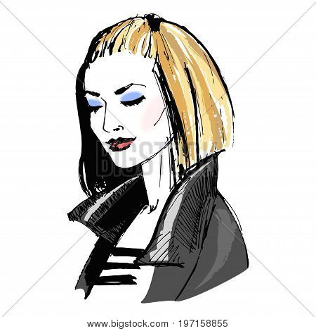 Beautiful girl with makeup in leather jacket. Portrait of fashion young woman. Fashion sketch. Stylish woman. Vector illustration