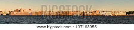 St. Petersburg Russia - June 28 2017: Panoramic view of the Neva River embankment in St. Petersburg