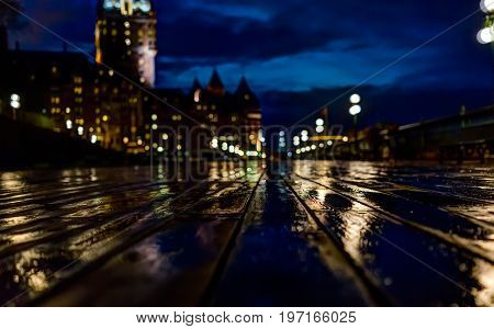 Quebec City, Canada - May 30, 2017: Old Town Closeup View Of Wet Dufferin Terrace At Night With Chat