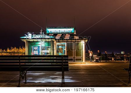 Quebec City, Canada - May 30, 2017: Old Town Closeup View Of Dufferin Terrace At Night With Purple S