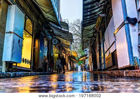 Quebec City, Canada - May 31, 2017: Old Town Street Called Rue Tresor With Shops And People Walking