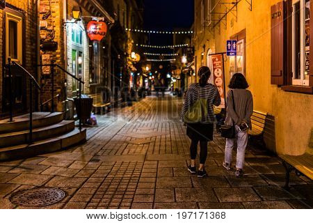 Quebec City, Canada - May 31, 2017: Lower Old Town Street Rue Du Petit Champlain With People Walking
