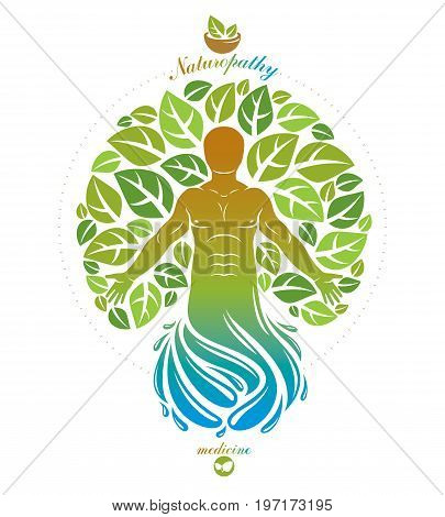 Vector illustration of individual mystic character depicted as continuation of tree and deriving from water whirlpool. Medical rehabilitation metaphor.