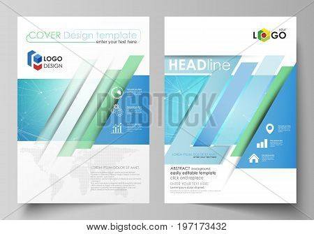 Business templates for brochure, magazine, flyer, booklet or annual report. Cover design template, easy editable vector, abstract flat layout in A4 size. Chemistry pattern, connecting lines and dots, molecule structure, medical DNA research. Medicine conc